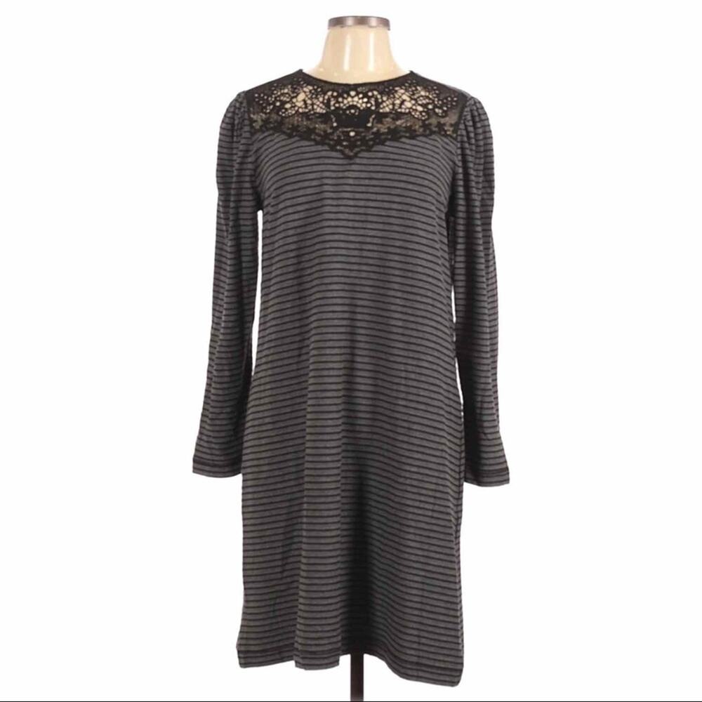 LOFT Black Gray Stripe Lace Long‎ Sleeve Dress XS